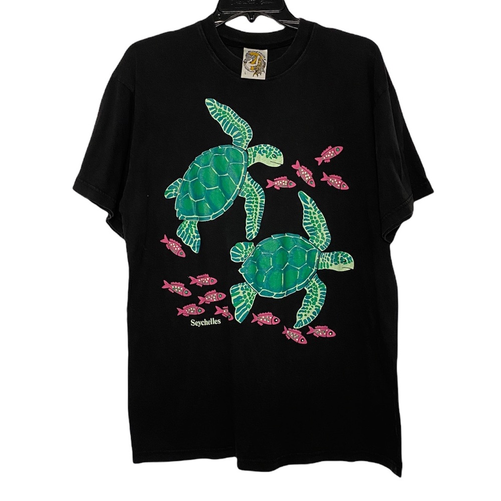 Vintage Neon SEYCHELLES Turtles Black T-Shirt Size L